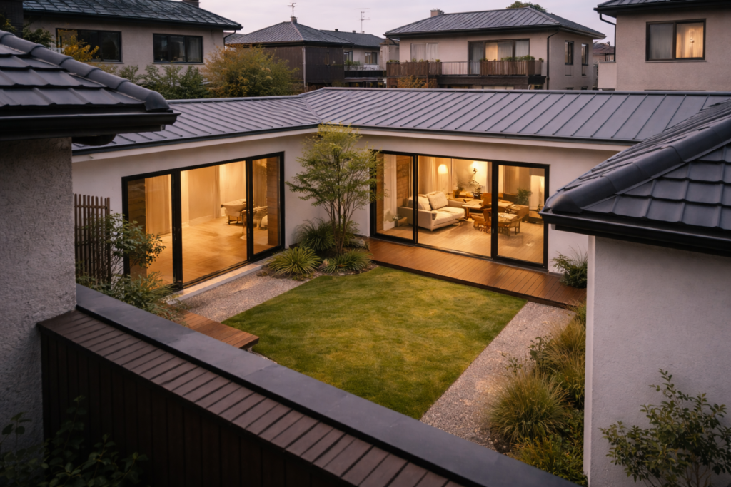 住宅密集地でも落ち着きを保つ中庭のある平屋