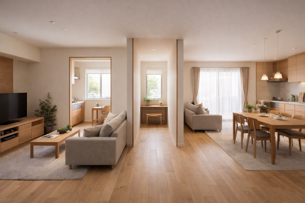 共有スペースと専用空間が分かれた二世帯住宅の室内イメージ