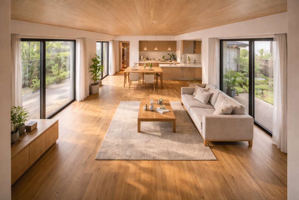 30坪前後の平屋で成立する回遊動線のLDK内観