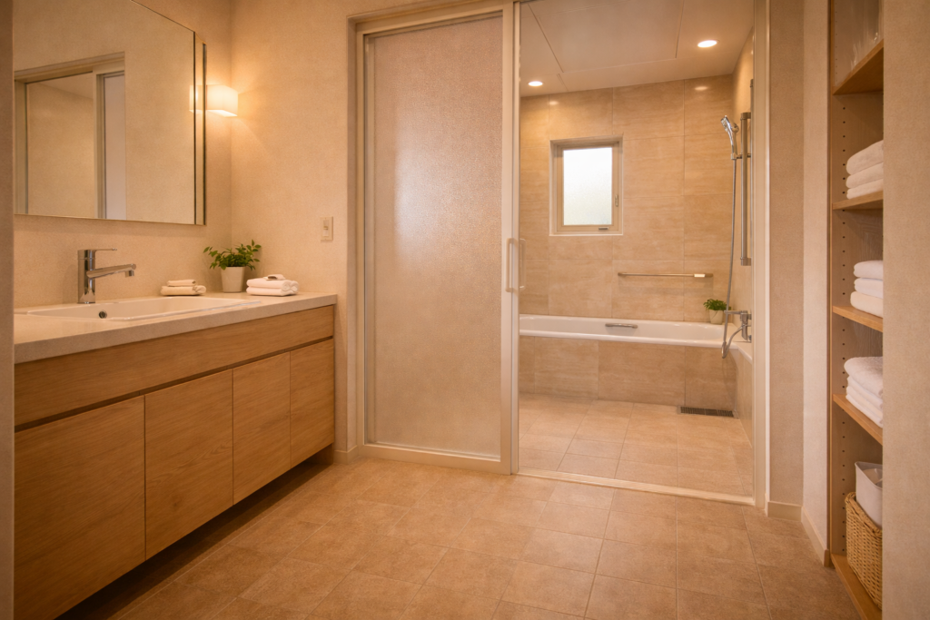 平屋住宅の脱衣室と浴室が連続する内観