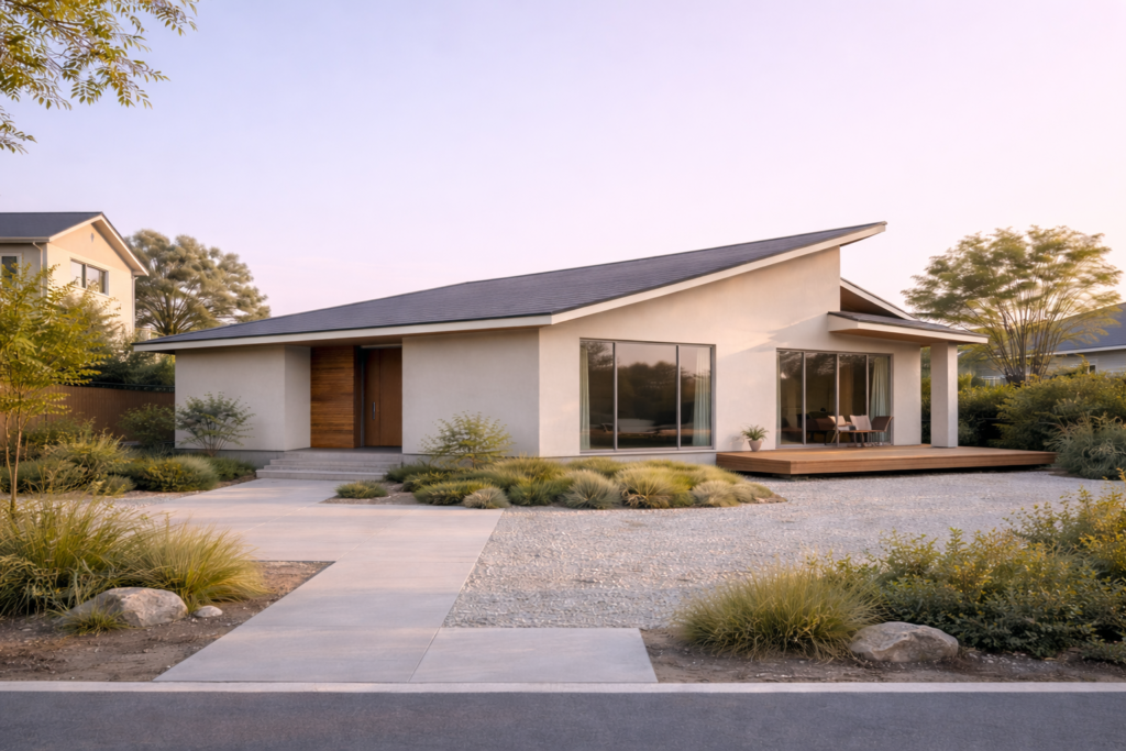 片流れ屋根の傾斜が際立つ平屋住宅外観