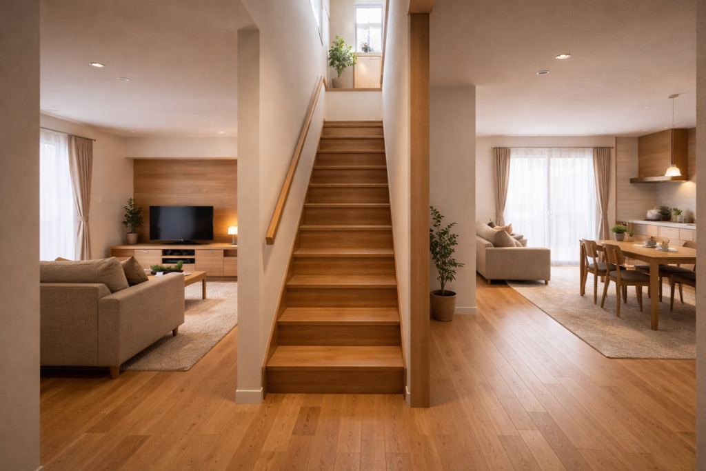 上下階で生活空間を分けた二世帯住宅のプライバシー配慮例