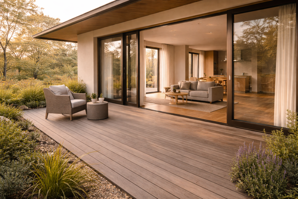 室内と庭をつなぐ余白のある平屋住宅のデッキ