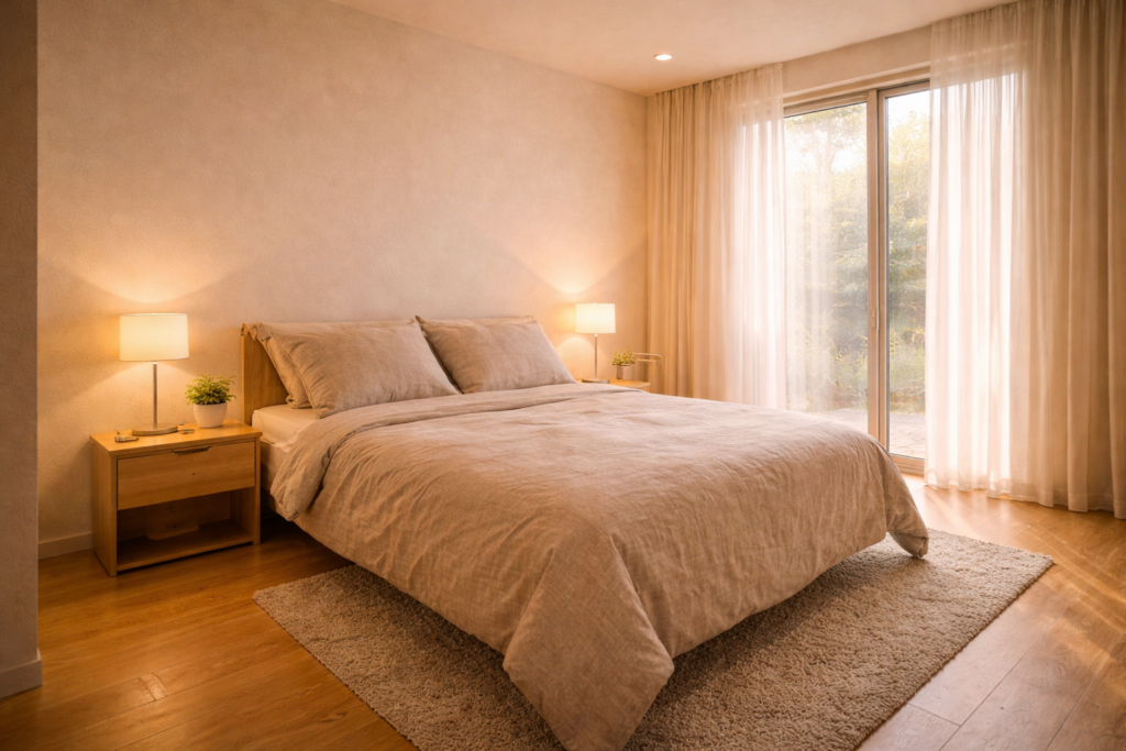 落ち着いた寝室を備えた老後向け平屋住宅