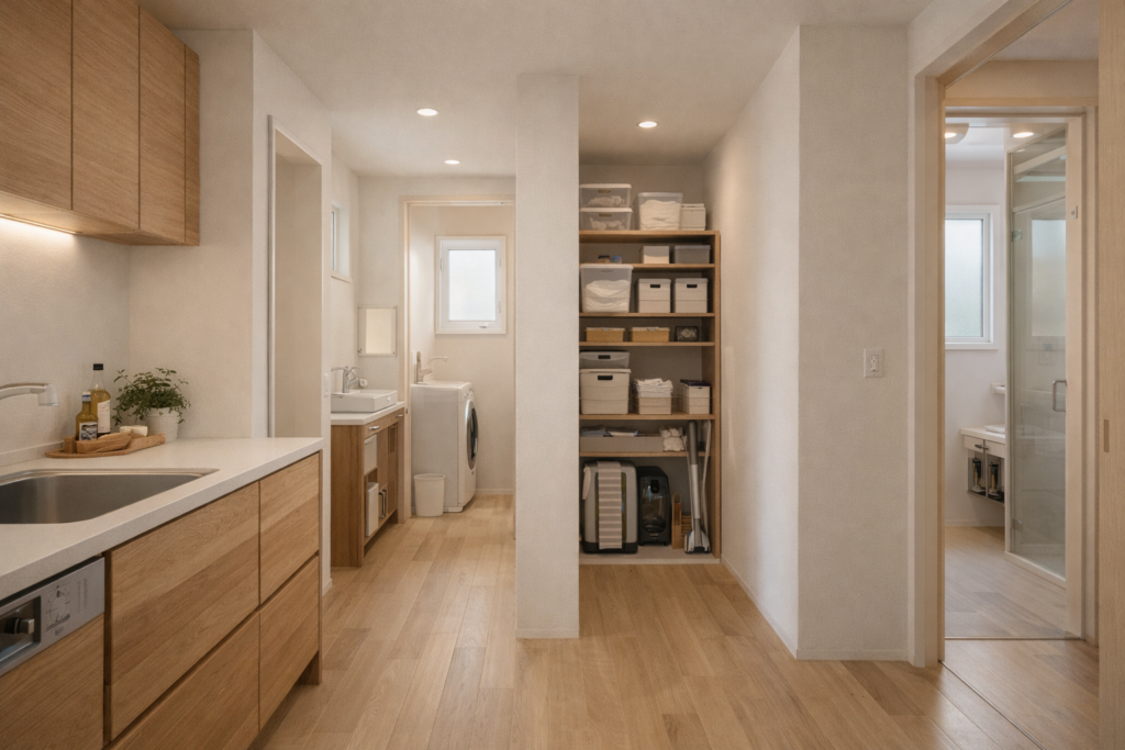 家事動線を短くまとめたコンパクトハウスの間取りイメージ