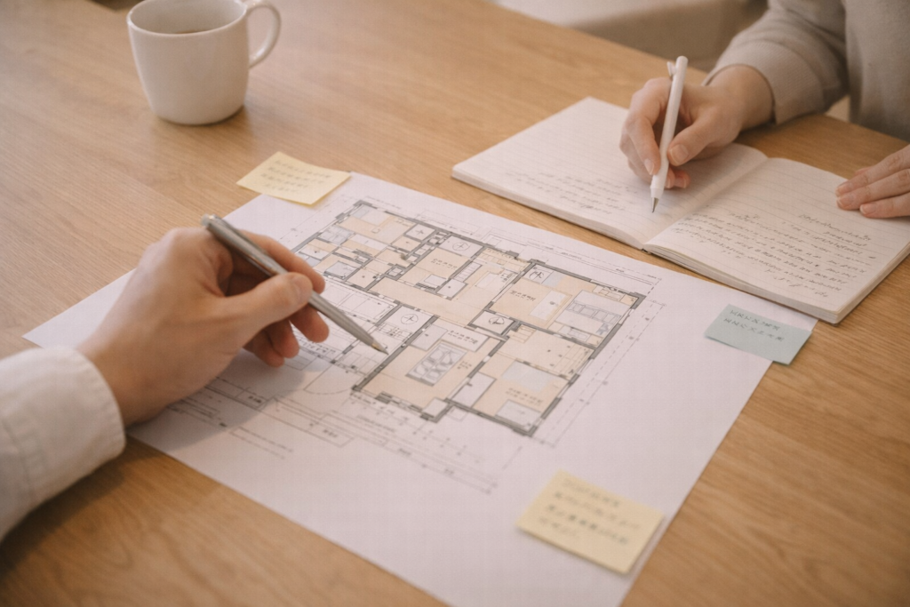 間取り図とメモで生活動線を整理する打合せ風景