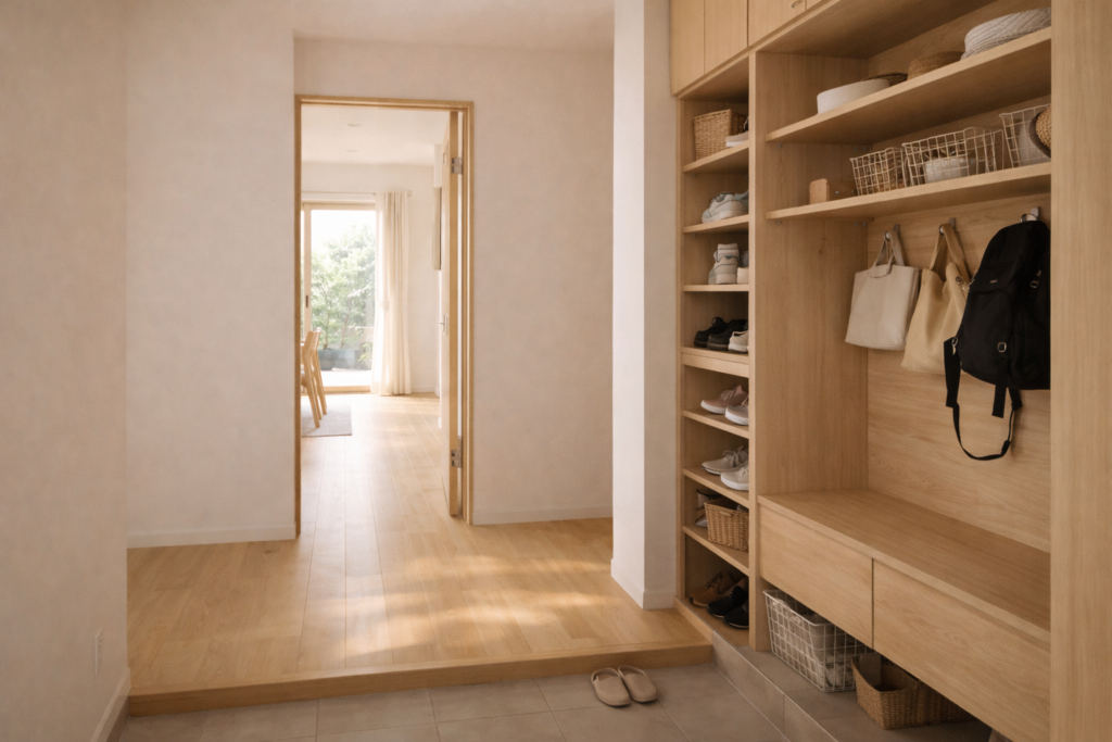 動線から離れた位置にある平屋の収納スペース