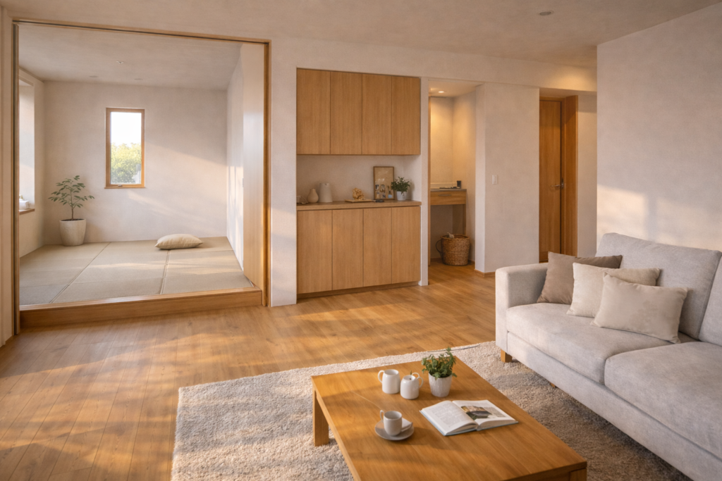 平屋で回遊動線を優先した際の空間調整例内観