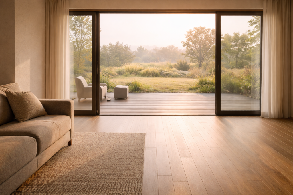 段差の少ない平屋住宅のリビングとウッドデッキ