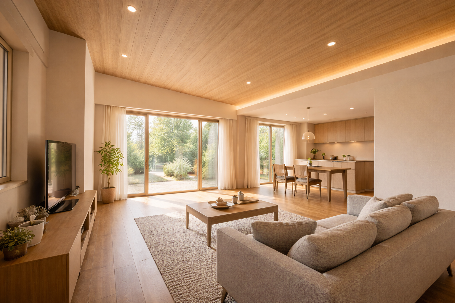 老後を見据えた平屋住宅の天井ラインが広がる内観空間