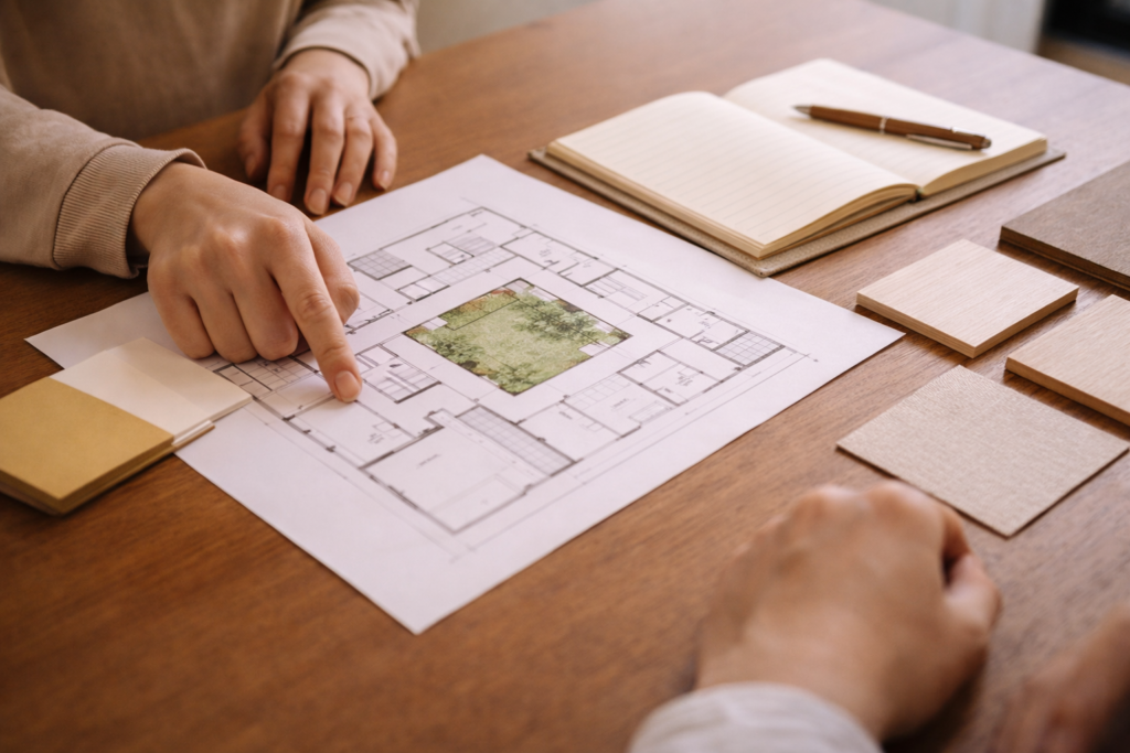 平屋の中庭計画を検討する設計打ち合わせイメージ