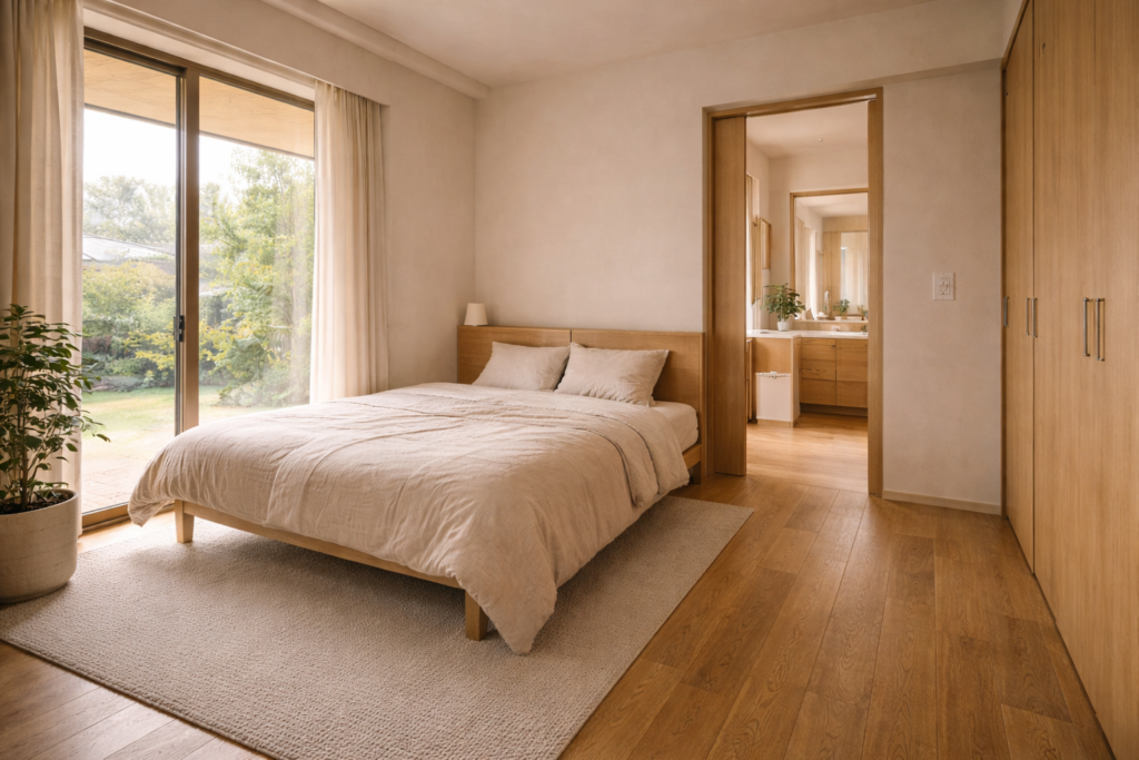 将来の移動負担を抑えた平屋寝室の内観