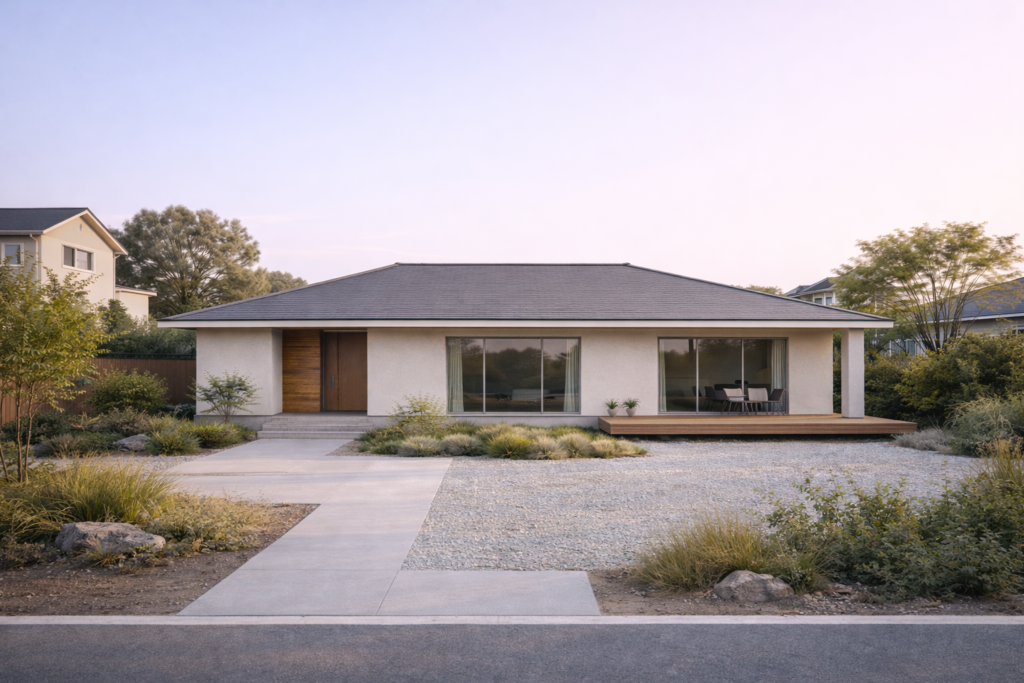 寄棟屋根で重心が低く見える平屋外観