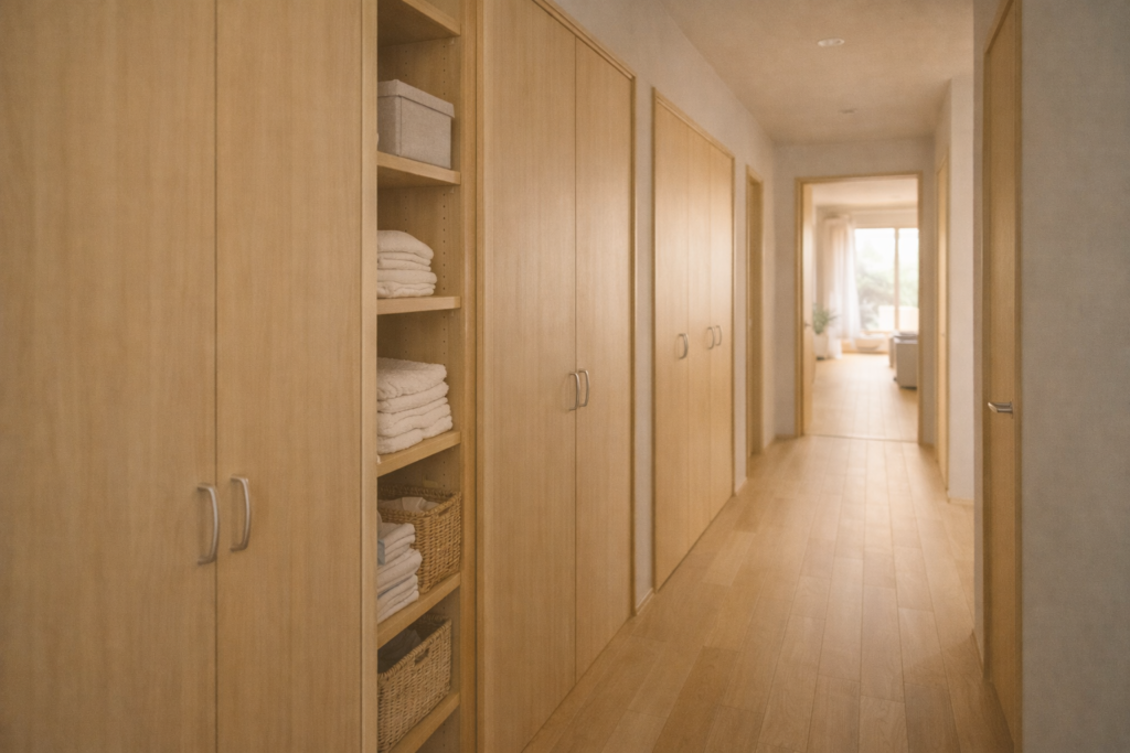 動線上に収納を配置した平屋内観の様子