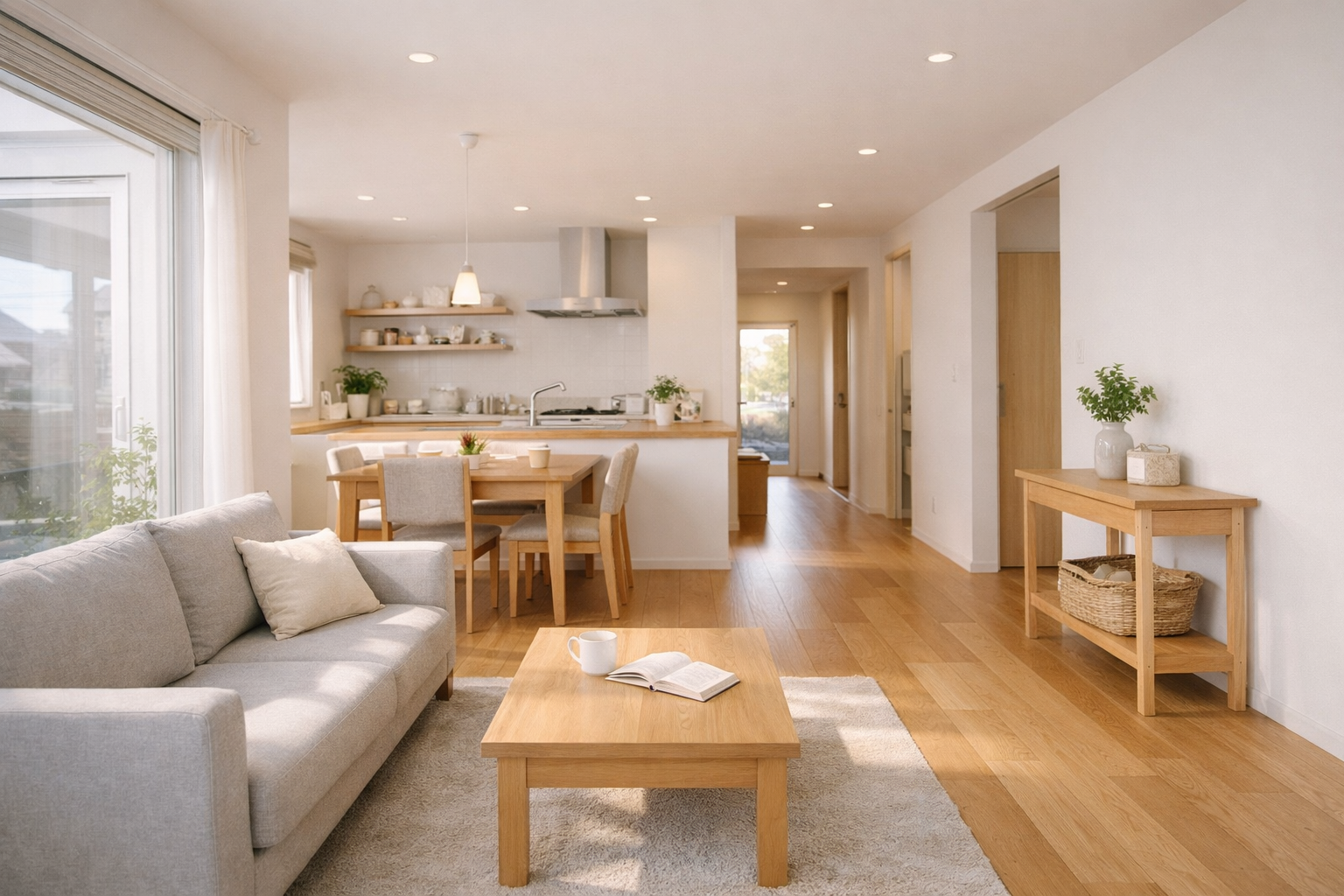 朝の自然光が入る30坪前後の平屋LDK内観