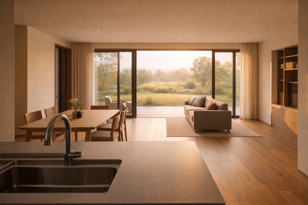 キッチンからリビングを見渡せる平屋のLDK内観