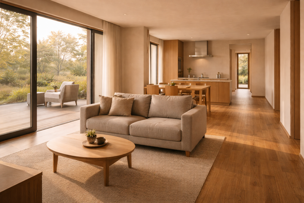 回遊できるLDK構成が分かる平屋住宅の内観