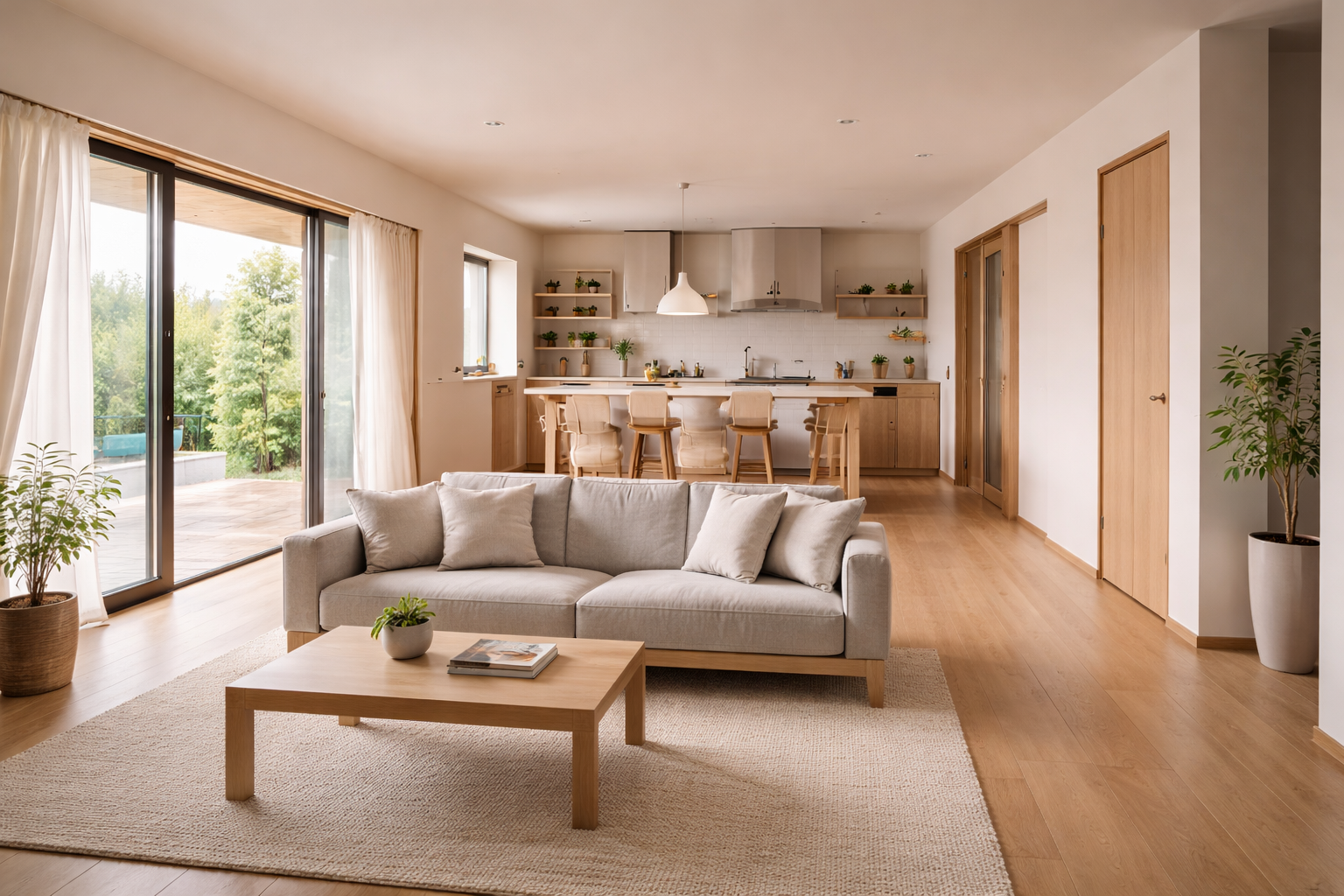 LDKの余白と広がりで間取り配分が伝わる平屋内観