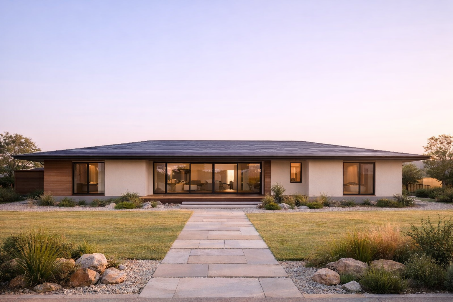 子育て世帯向けに屋根ラインが広がる平屋住宅の外観