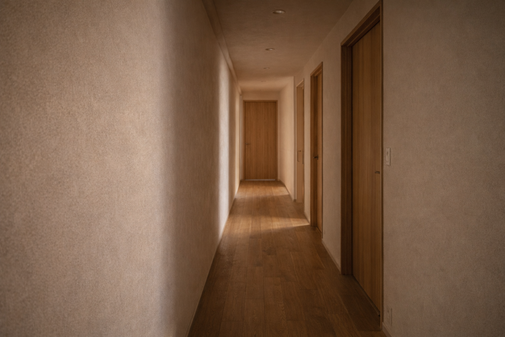 平屋で廊下が長くなり狭さを感じやすい内観例