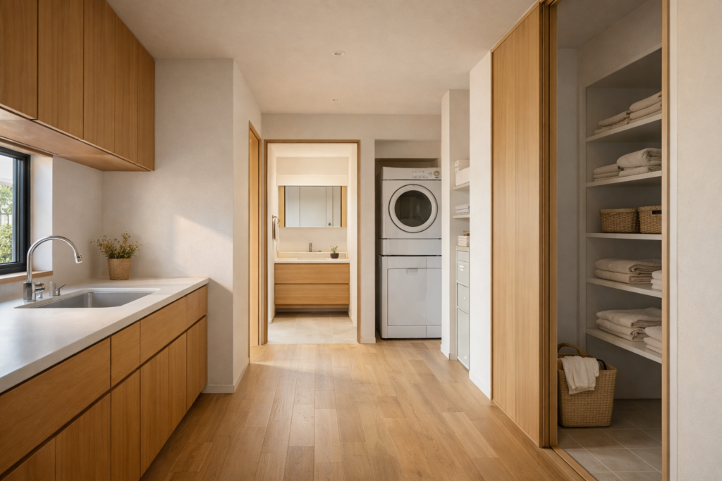 キッチンと洗面室が近い平屋住宅の家事動線イメージ