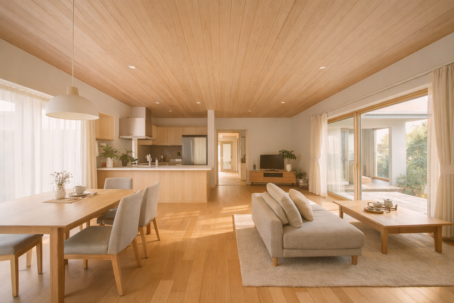 朝の自然光が入る平屋LDKの内観と余白のある空間構成