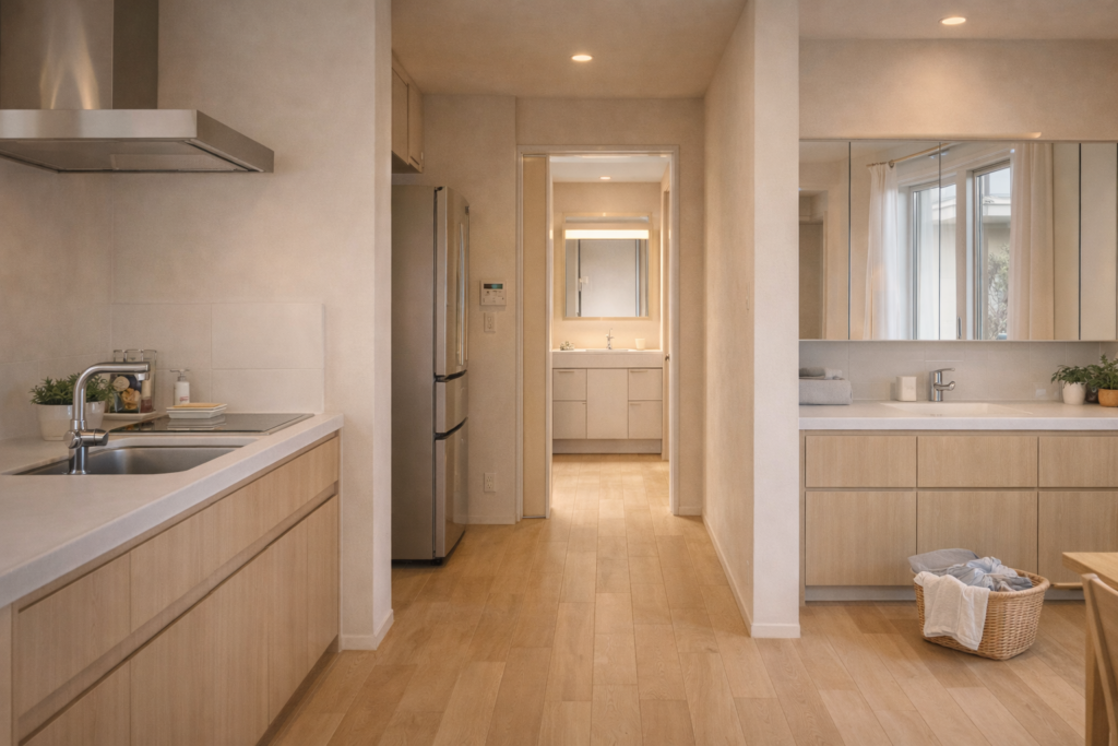 キッチン前で家事と生活の動線が交差する平屋空間