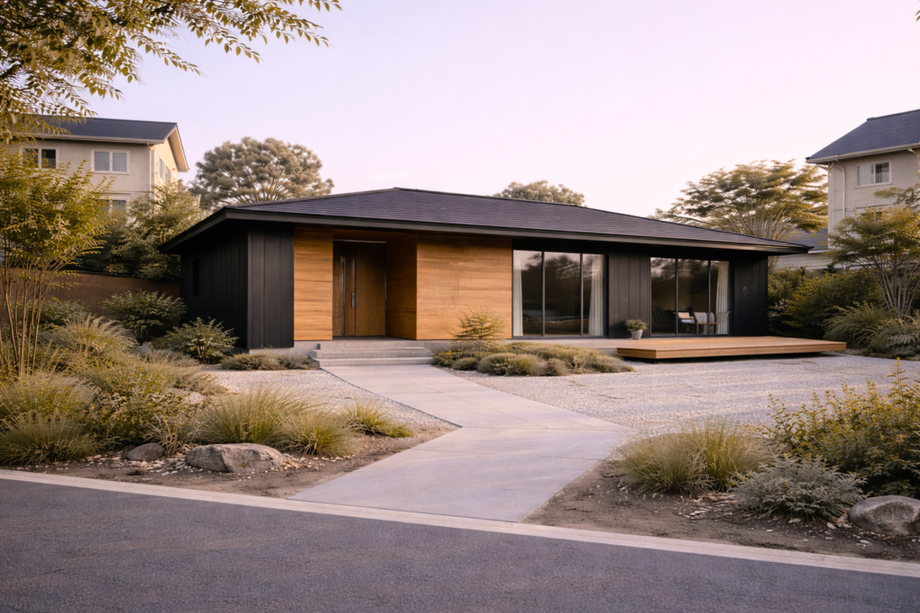 周囲から浮いた印象の平屋住宅外観