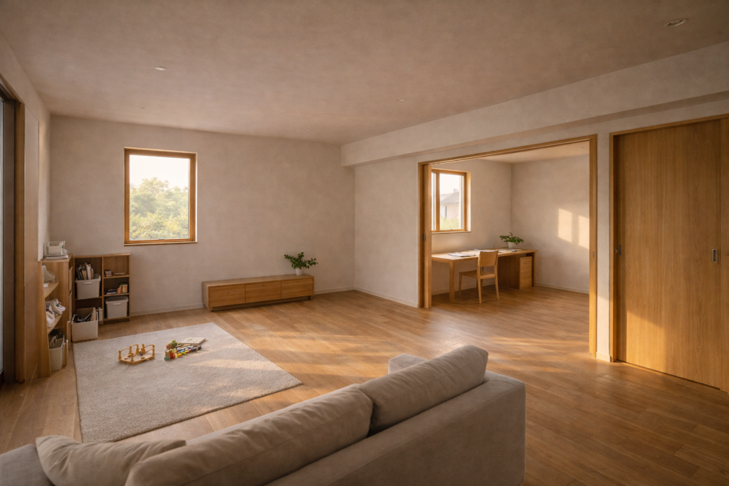 将来の間取り変更を想定した30坪平屋の多目的空間