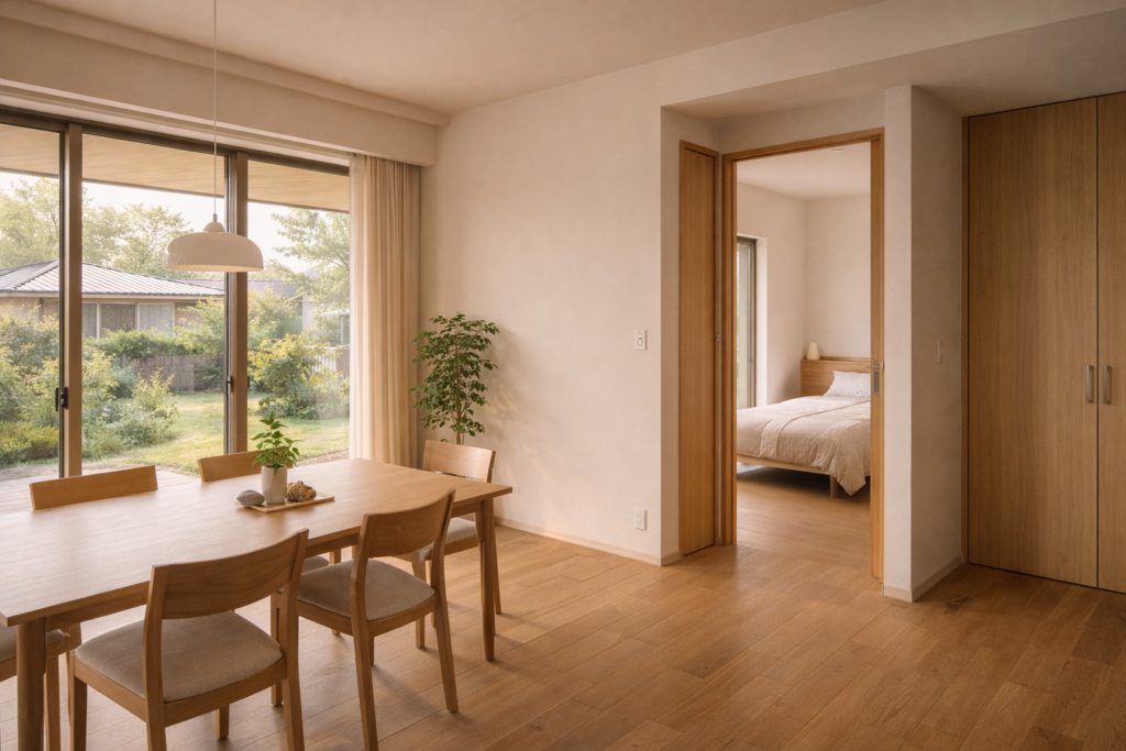 家族構成に応じた使い分けが想像できる平屋の内観