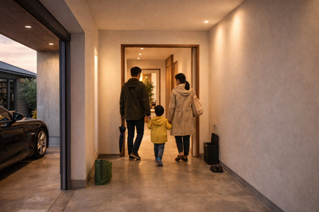 雨の日でも濡れずに移動できるガレージハウスの室内動線
