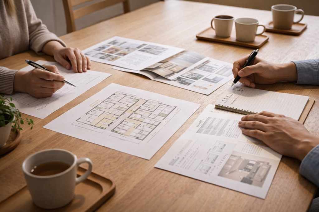 二世帯住宅の間取りや暮らし方を家族で検討する打ち合わせイメージ