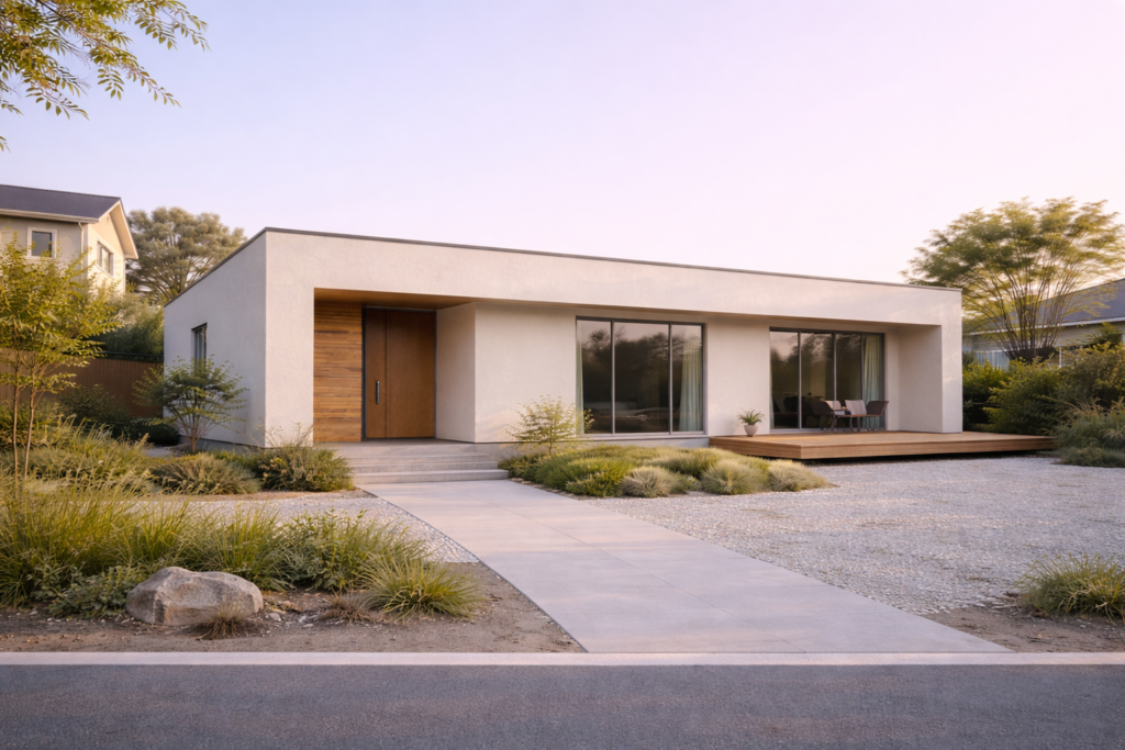 フラット屋根の箱型平屋住宅外観