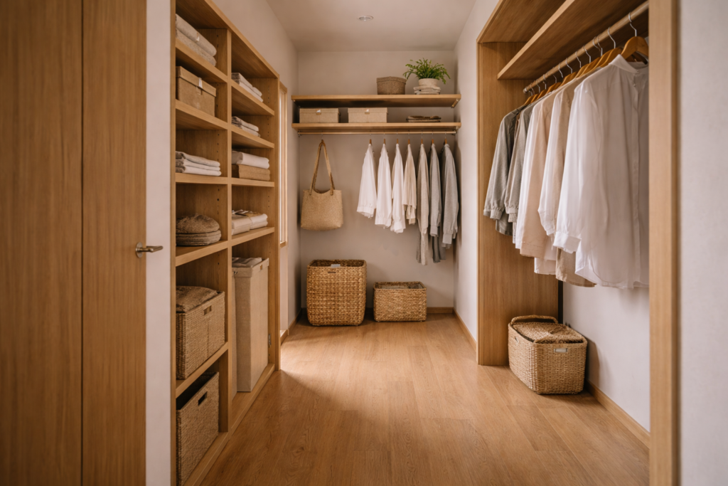 収納量と配置が分かる平屋3LDKのクローゼット内観