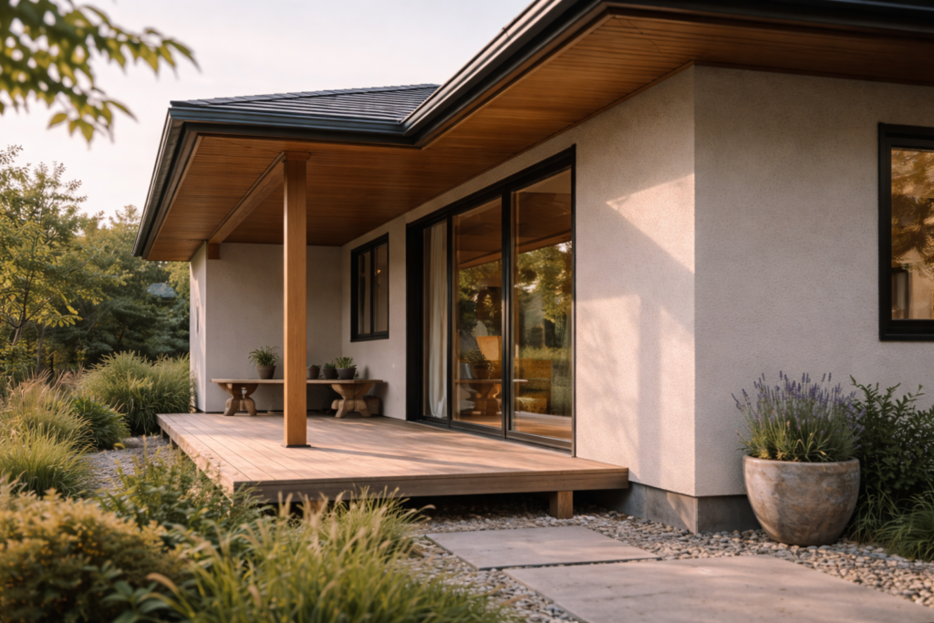 軒下の陰影が整った平屋3LDK外観の一部