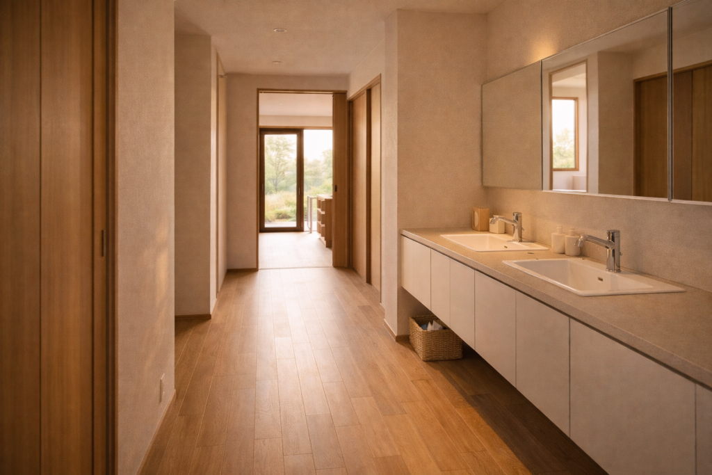 朝の支度が重なりにくい平屋住宅の洗面動線