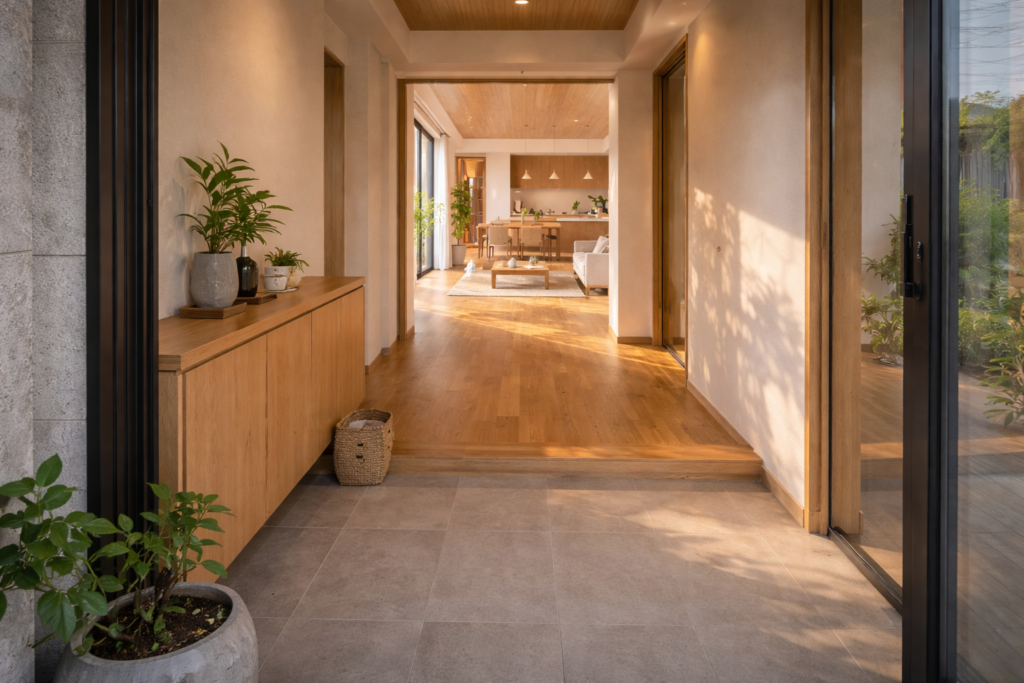 平屋で家族の動線が分散する玄関からLDKの構成