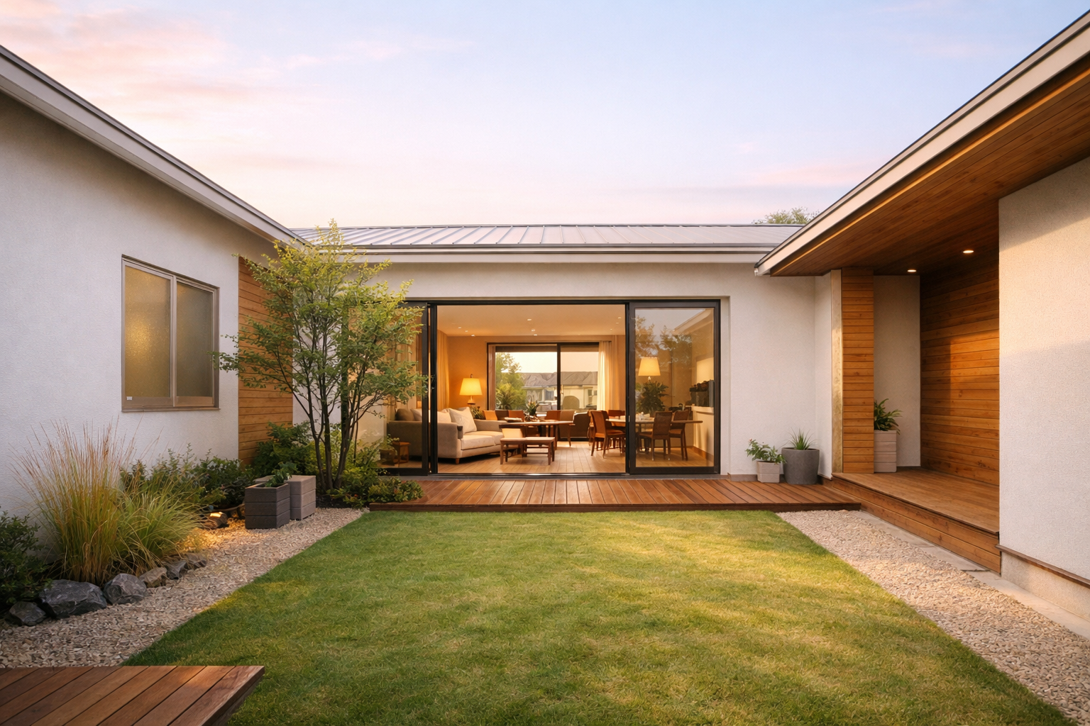 中庭を中心に設計された平屋住宅の外観イメージ