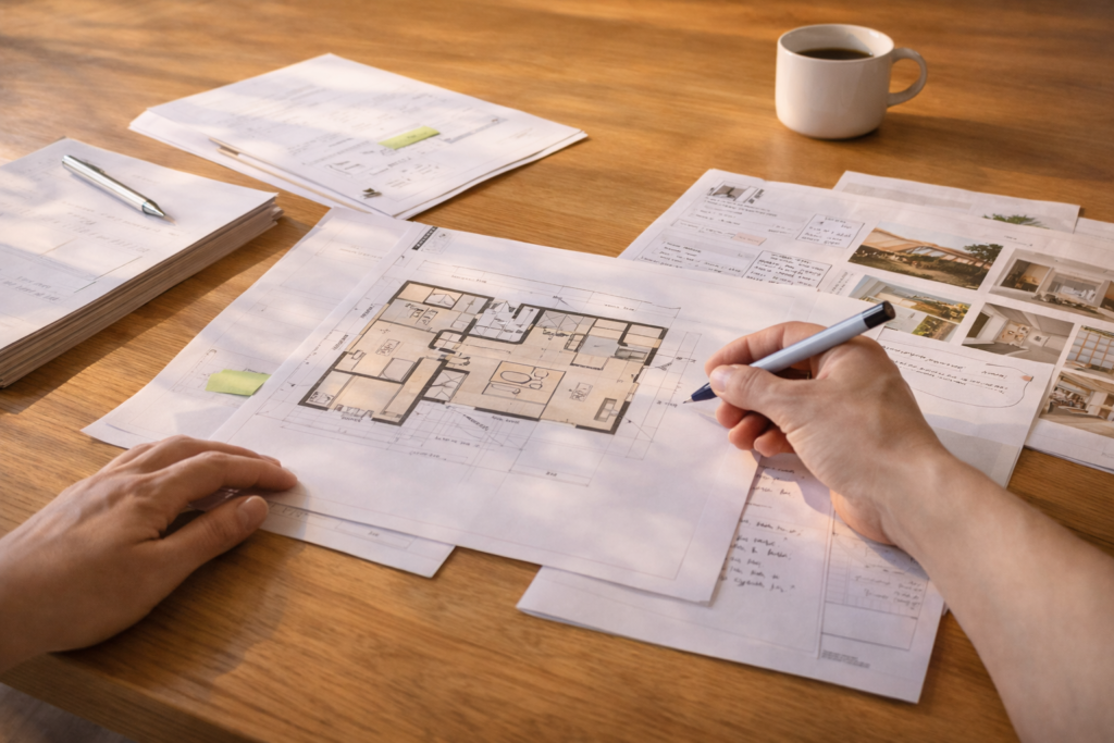 平屋の回遊動線を打ち合わせで整理する手元風景