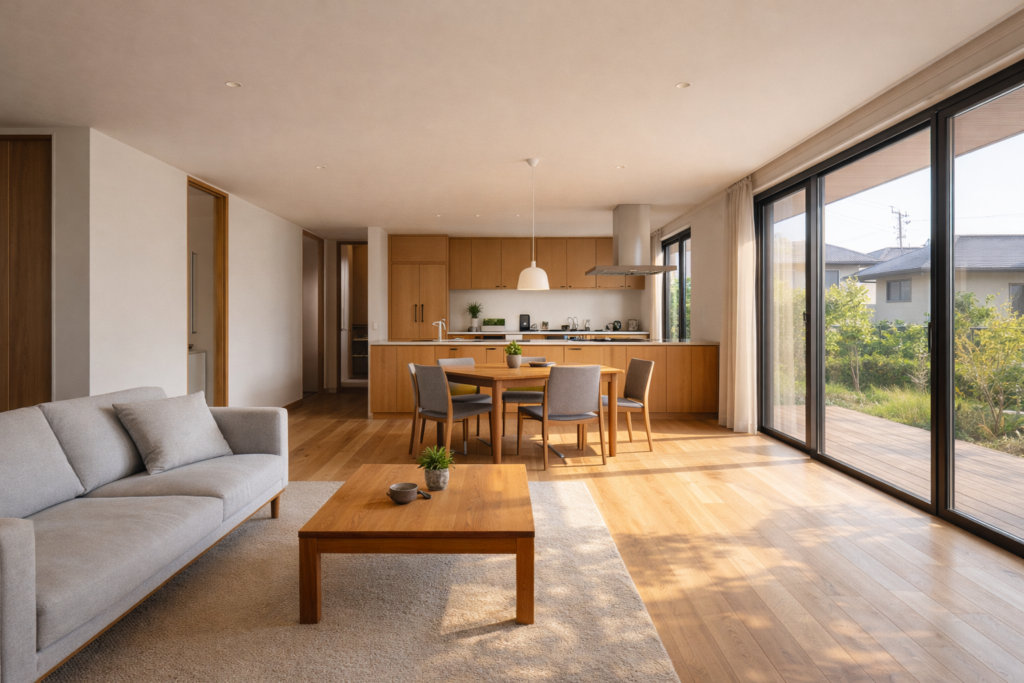 ワンフロアで生活できる平屋住宅の明るいLDK