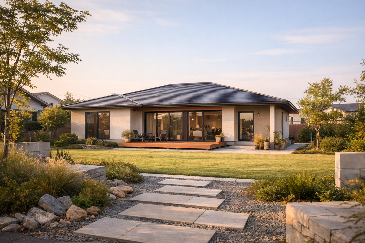 平屋住宅の外構と建物の距離感が分かる朝の外観