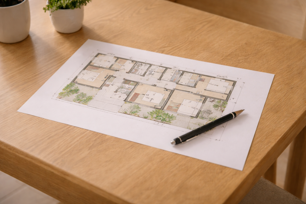 平屋の間取り図を使って動線を確認する打合せ風景