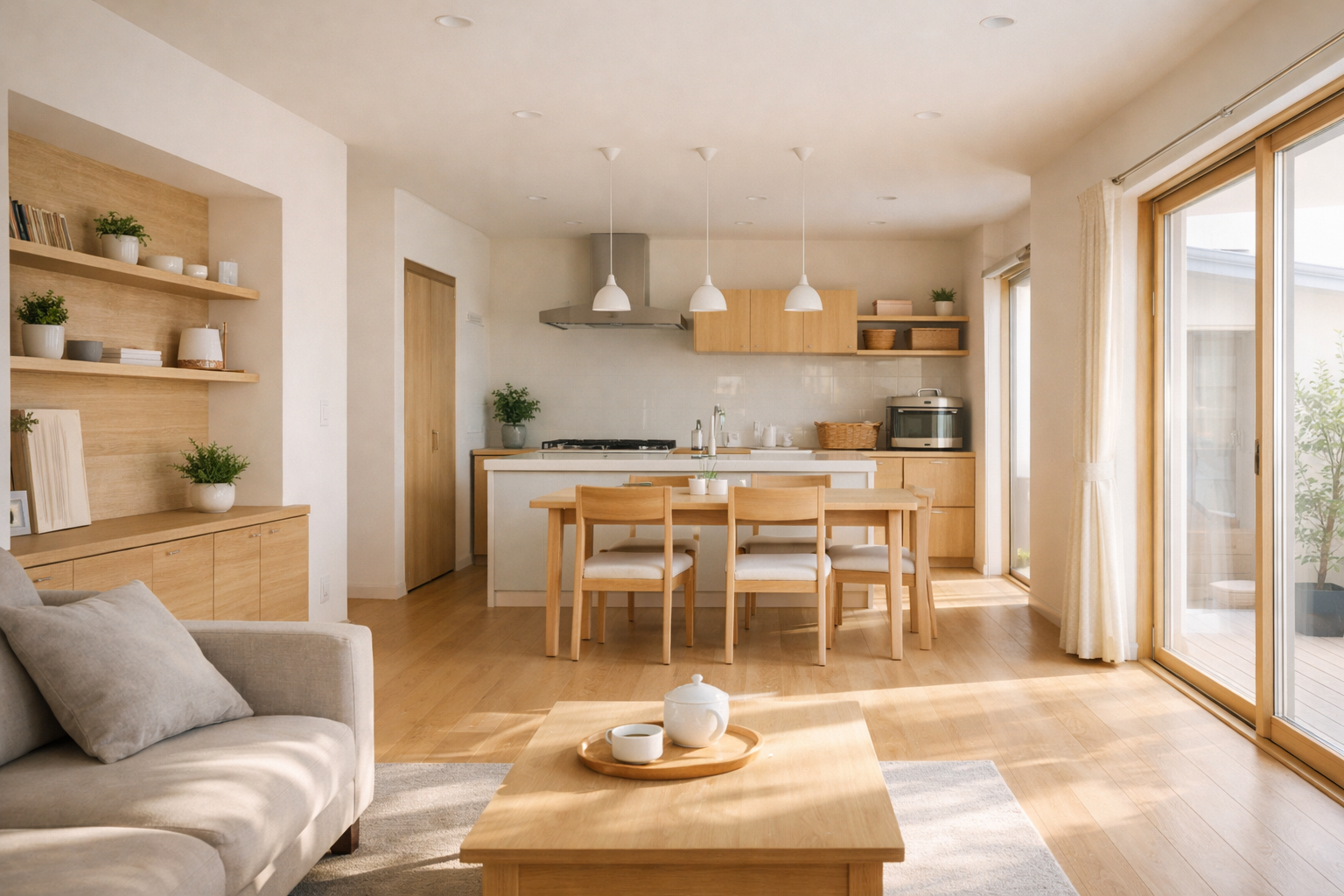 平屋住宅のLDKと壁面収納が調和した落ち着いた室内