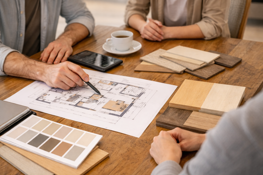 間取りや仕様を検討する注文住宅の打ち合わせイメージ