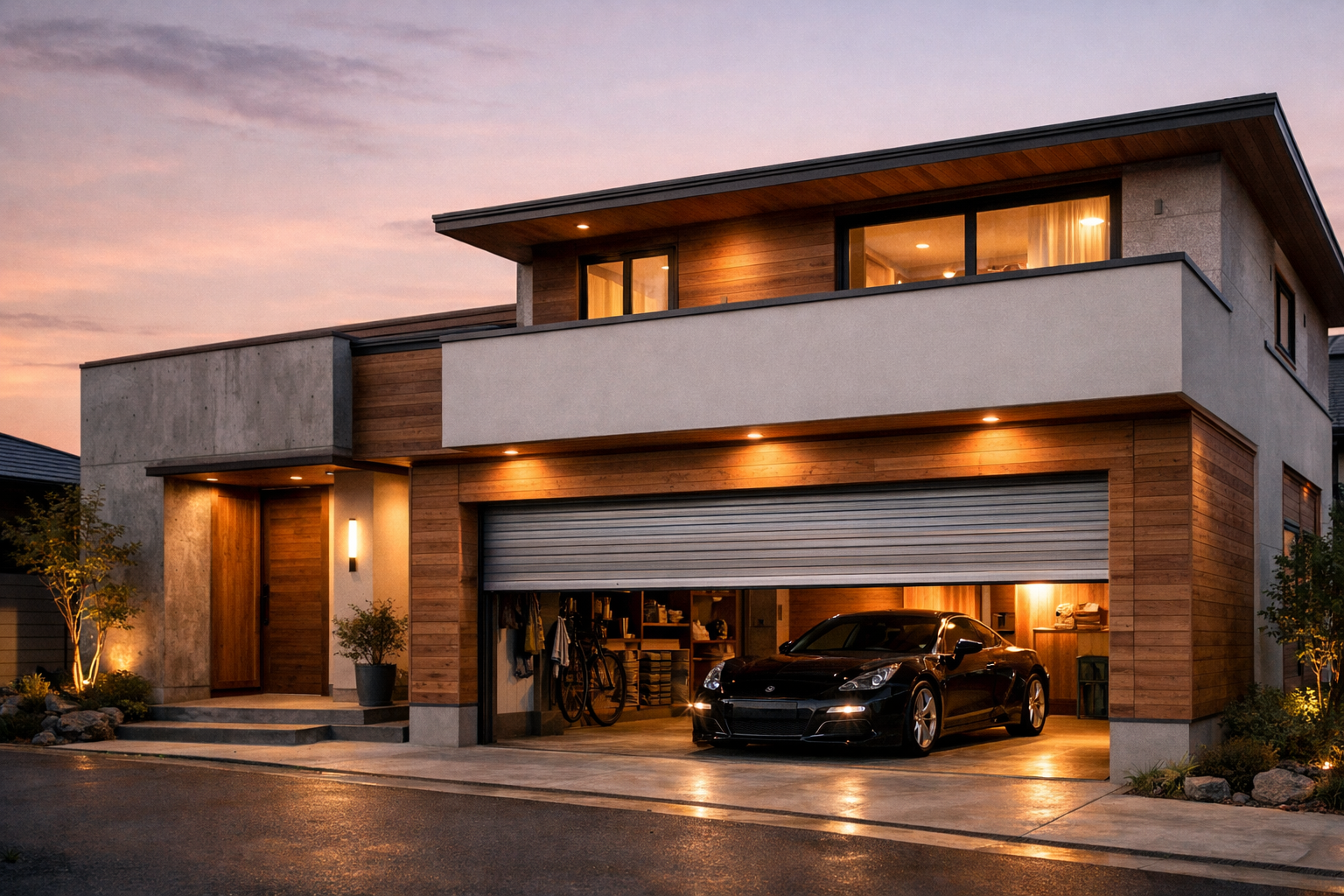 ガレージと住居が一体化したナチュラルモダンなガレージハウスの外観