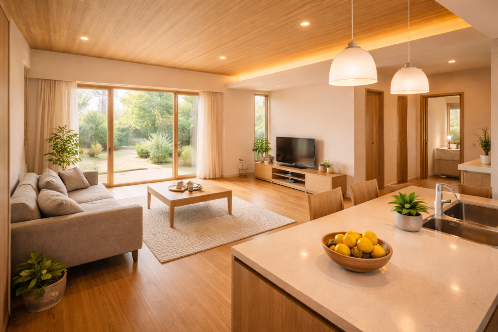 平屋住宅のLDKを一望できるワンフロア内観