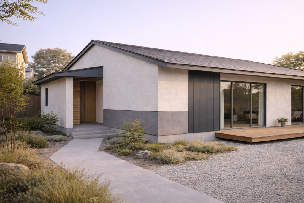 外壁の張り分けが印象的な平屋外観