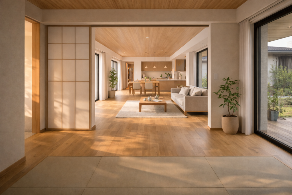 平屋で子どもの様子を見渡せる回遊型LDK内観