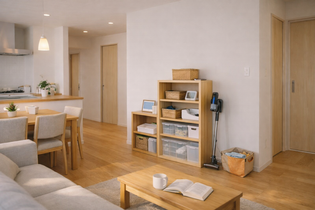 収納が不足し生活用品が見える平屋の室内