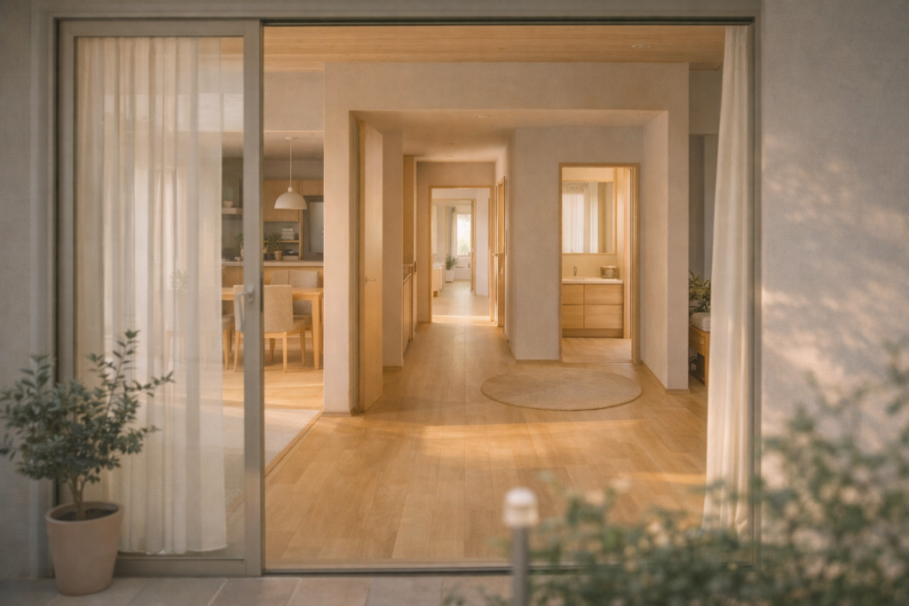 行き止まりを減らした平屋内観の回遊構成